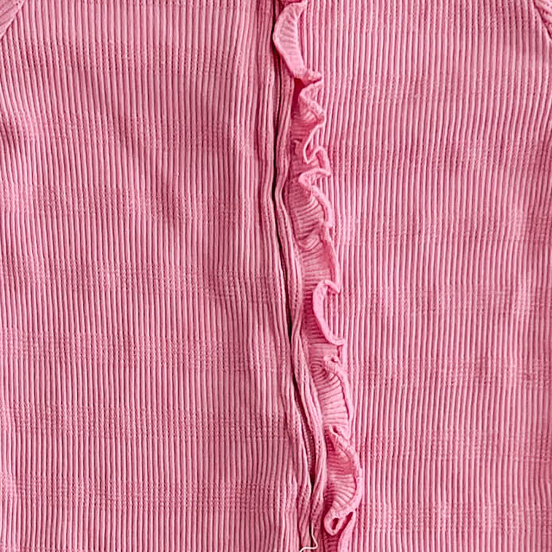 PINK RIBBED FRONT RUFFLED SLEEPSUIT