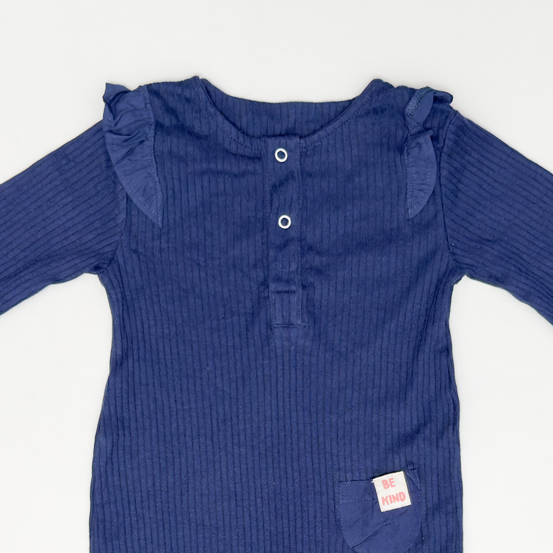 NAVY BLUE RIBBED RUFFLED ROMPER