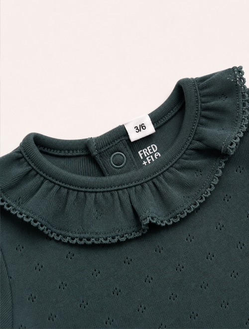Dark green pointelle ruffles onesie