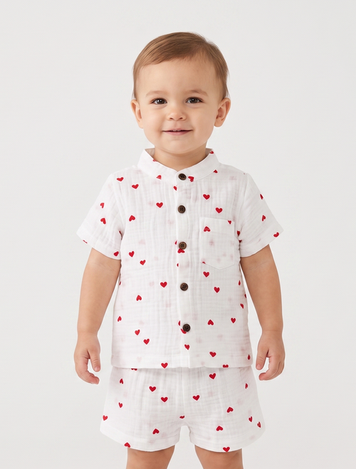 Heart-Print Muslin Shirt & Shorts Co-ord Set – White & Red