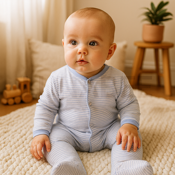 BLUE AND WHITE STRIPED SLEEPSUIT