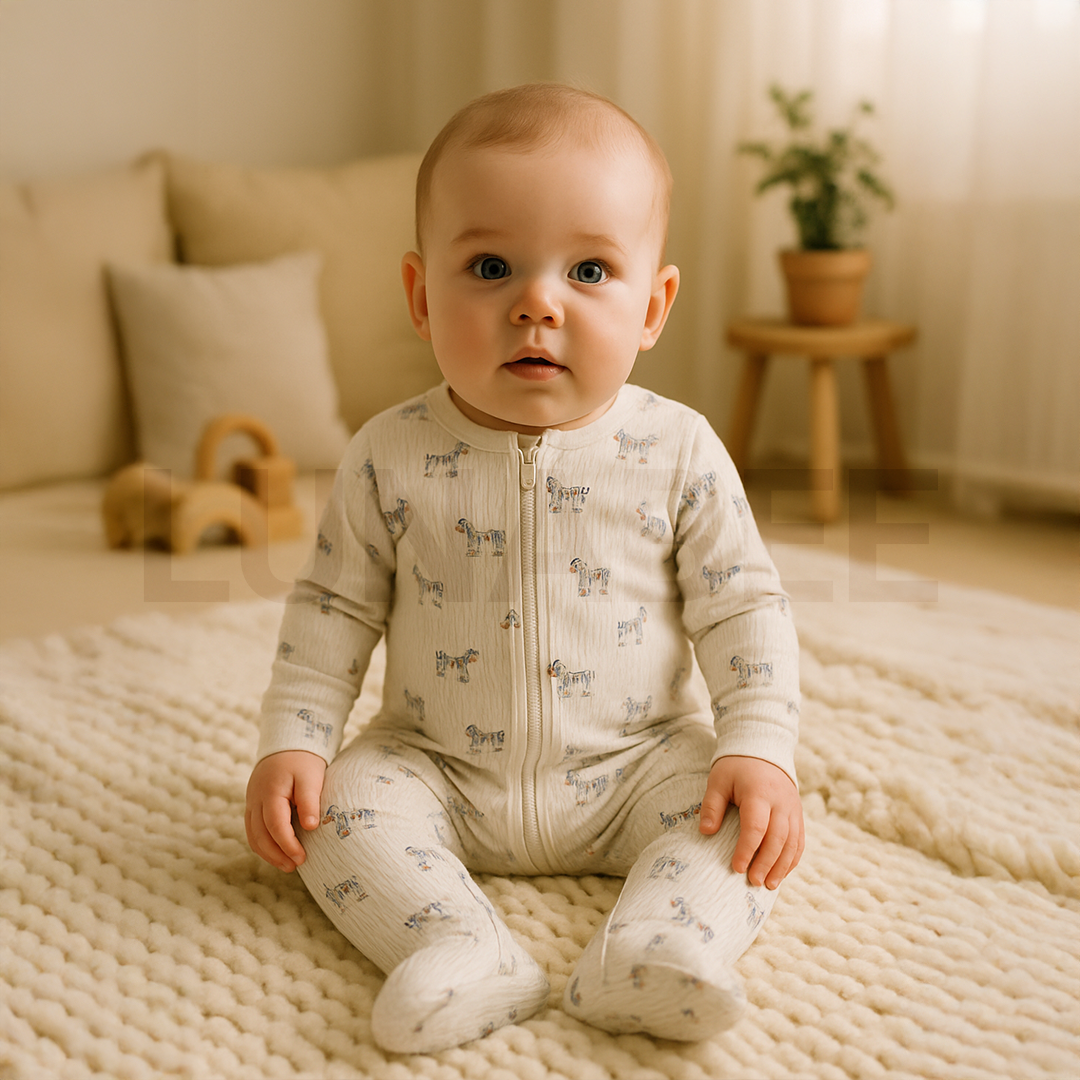 ZEBRA PATTERNED RIBBED WHITE SLEEPSUIT
