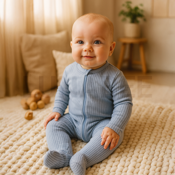 BLUE PLAIN RIBBED SLEEPSUIT