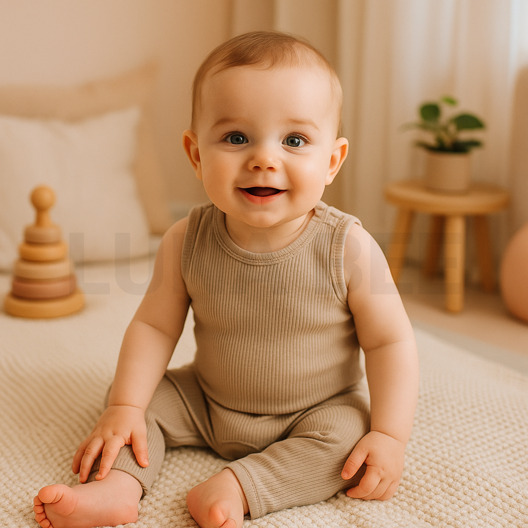 BEIGE RIBBED SLEEVELESS ROMPER