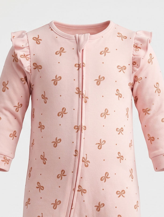 Powder pink gold ribbon zipper sleep suit