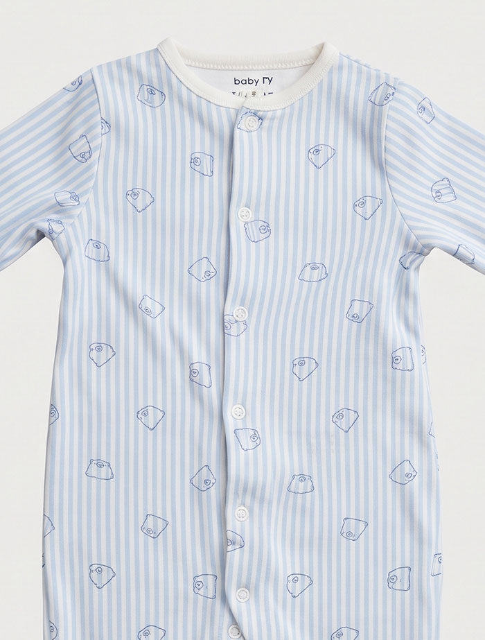 Blue stripes bear button sleepsuit