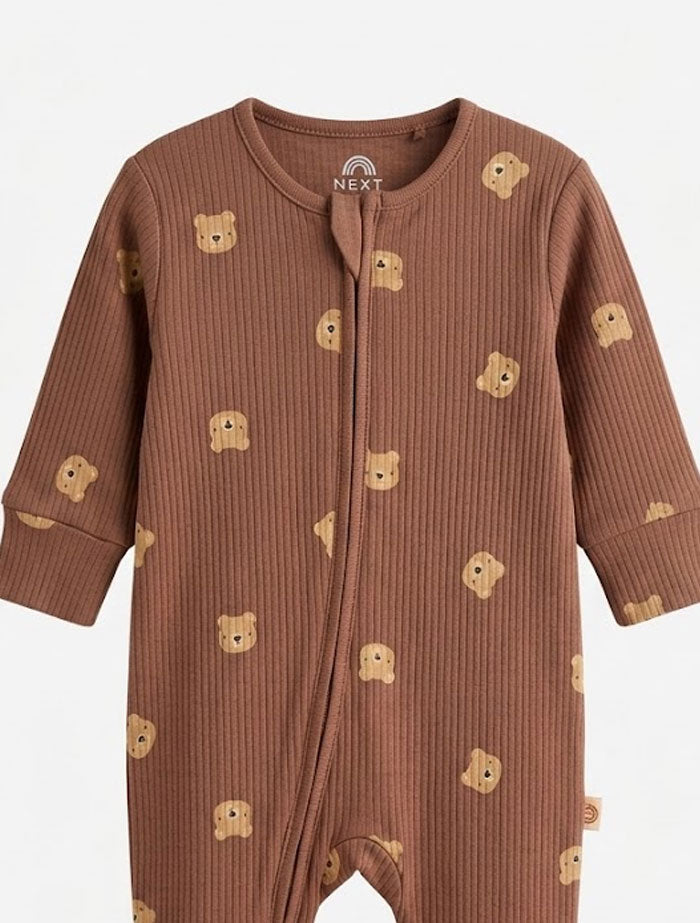 Brown ribbed bear printed sleepsuit