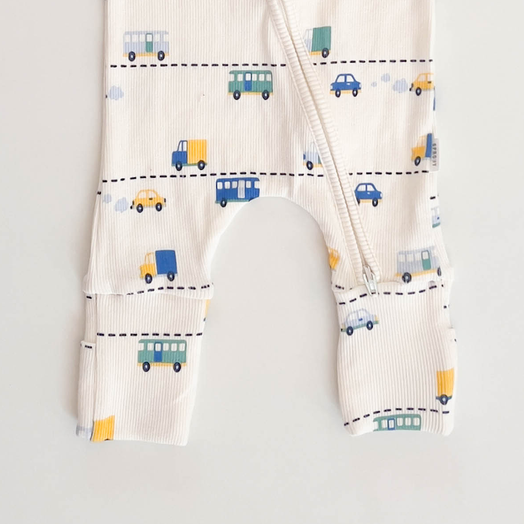 WHITE CAR PRINTED RIBBED ROMPER