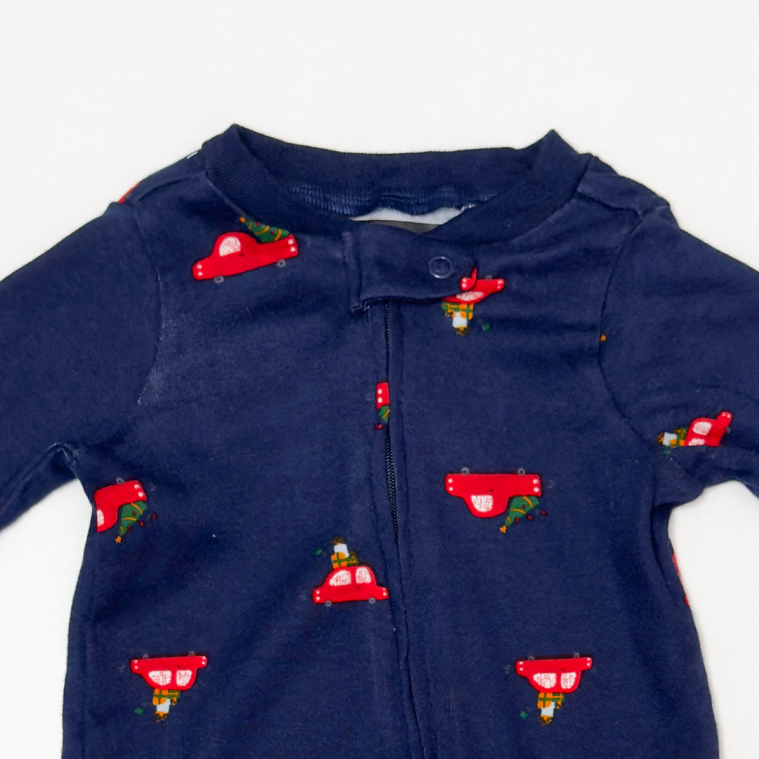 NAVY BLUE CAR PRINTED ZIPPER SLEEPSUIT
