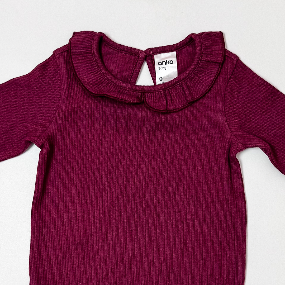 WINE RIBBED RUFFLED ONESIE