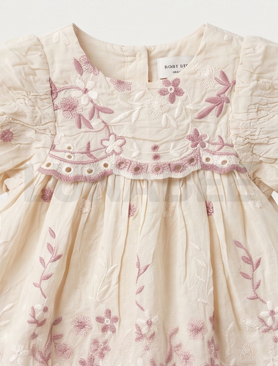 Pink floral embroidered puff sleeve dress