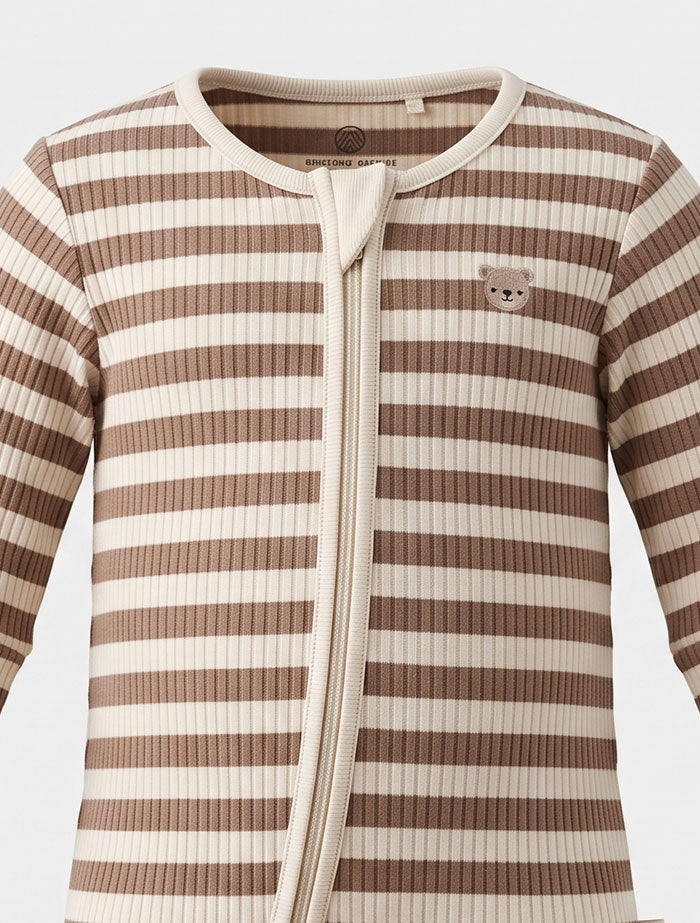 Beige brown ribbed 2 way zipper sleep suit