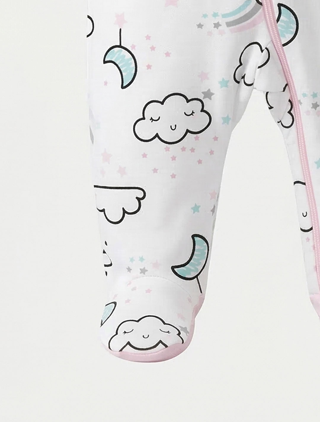 WHITE PRINTED ZIPPER SLEEPSUIT