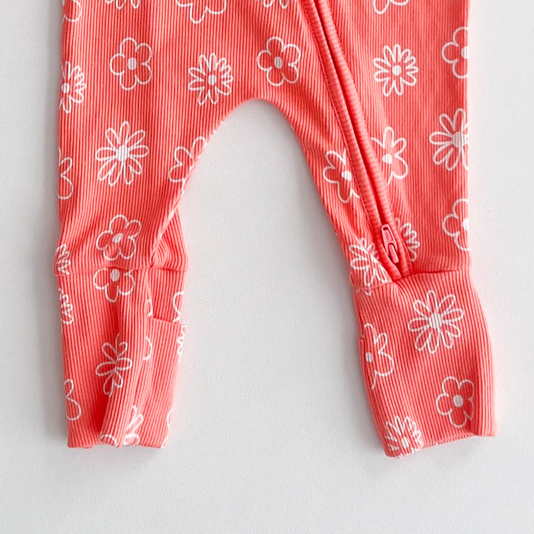 PEACH ORANGE FLORAL RIBBED ROMPER
