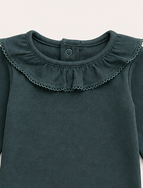 Dark green pointelle ruffles onesie