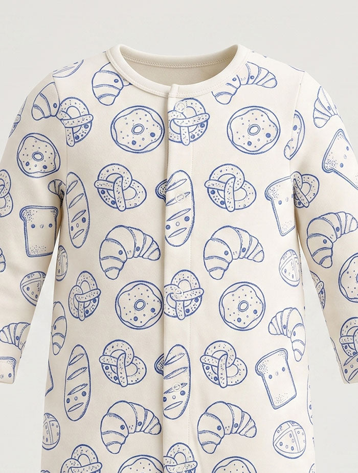 White and blue printed button sleepsuit