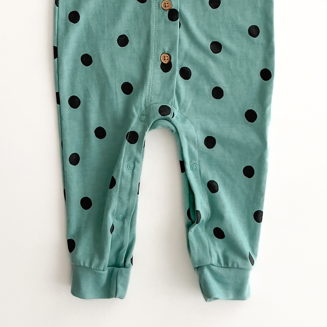 aqua green black polka dotted romper
