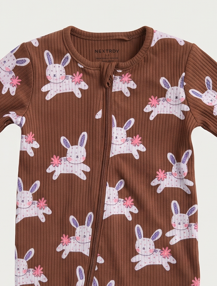 Brown ribbed zipper sleepsuit