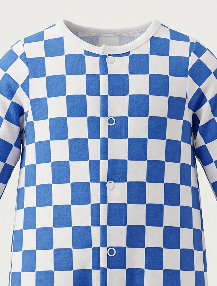 Royal blue white check button sleepsuit