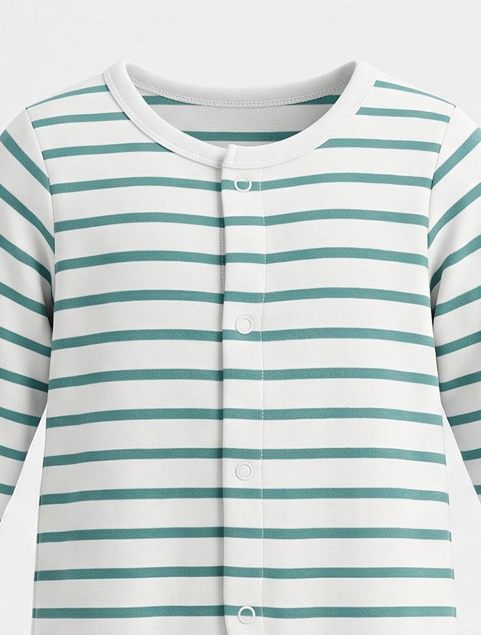 White and green stripes button sleepsuit