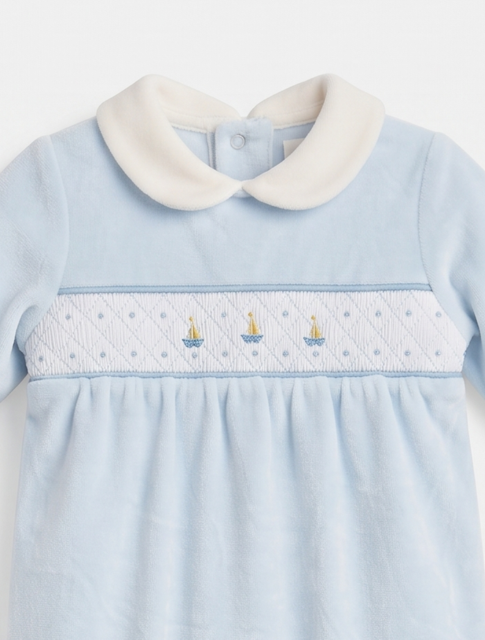 Little Sailor Smocked Velour Sleepsuit – Sky Blue