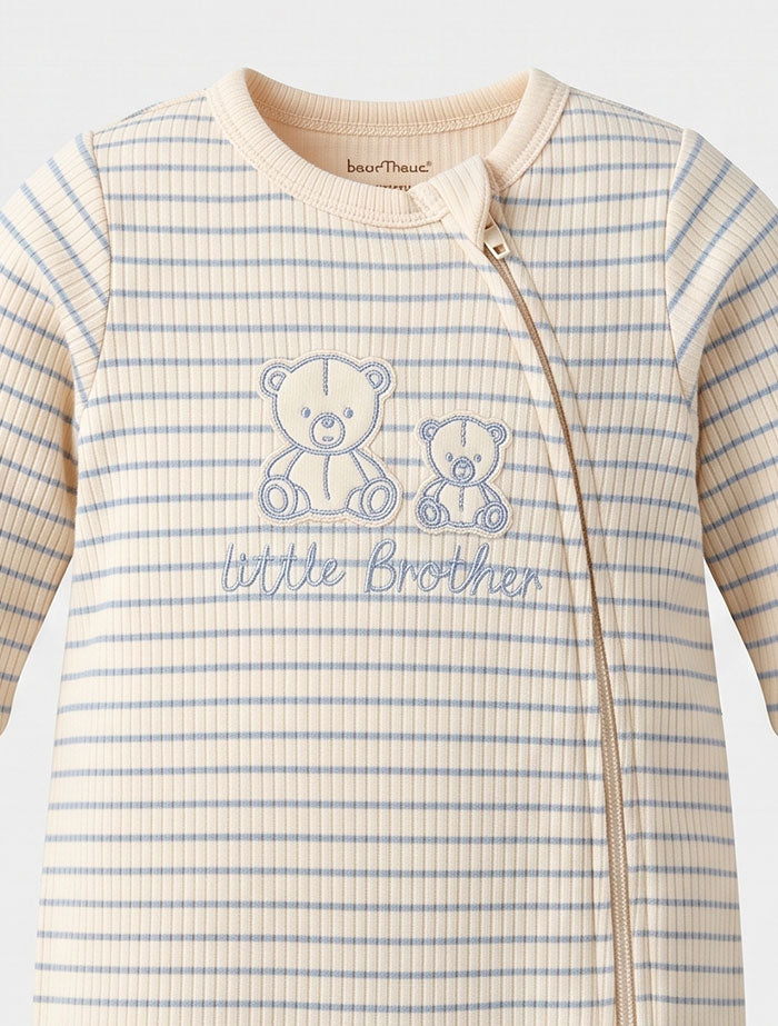 Beige blue bear ribbed 2 way zipper romper
