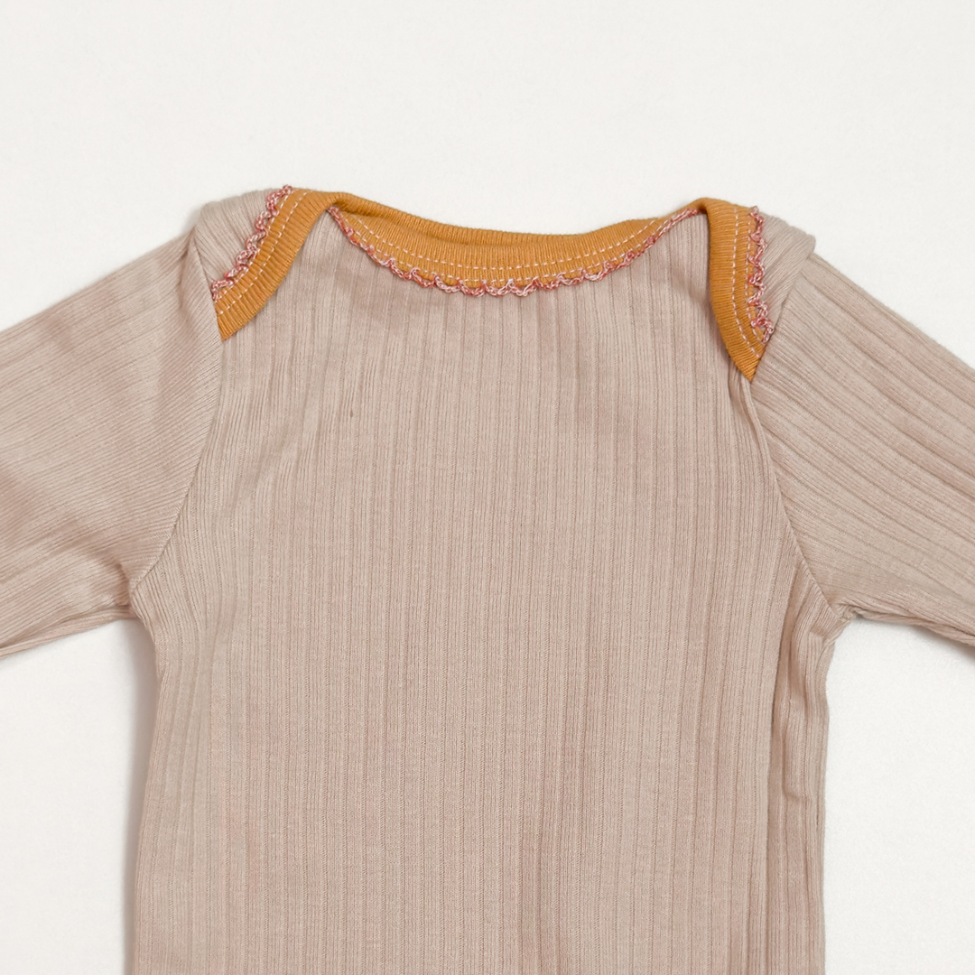 BEIGE RIBBED YELLOW BORDER ONESIE