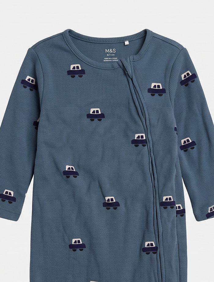 Blue knitted car 2 way zipper sleepsuit