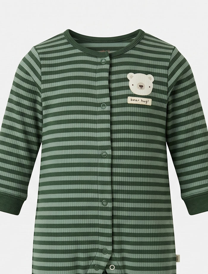 Green stripes button ribbed sleepsuit