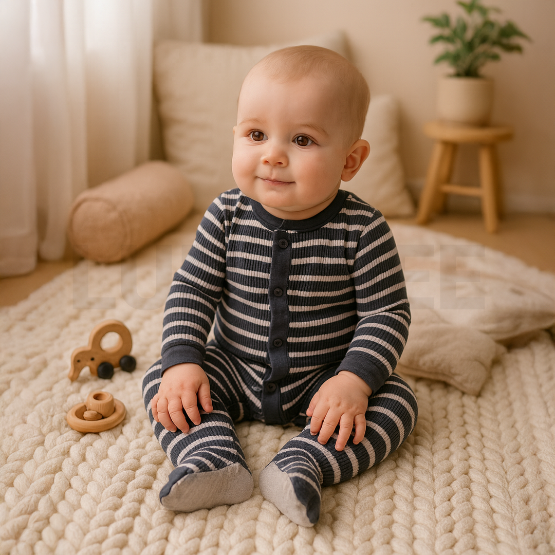 GREY AND WHITE STRIPED SLEEPSUIT