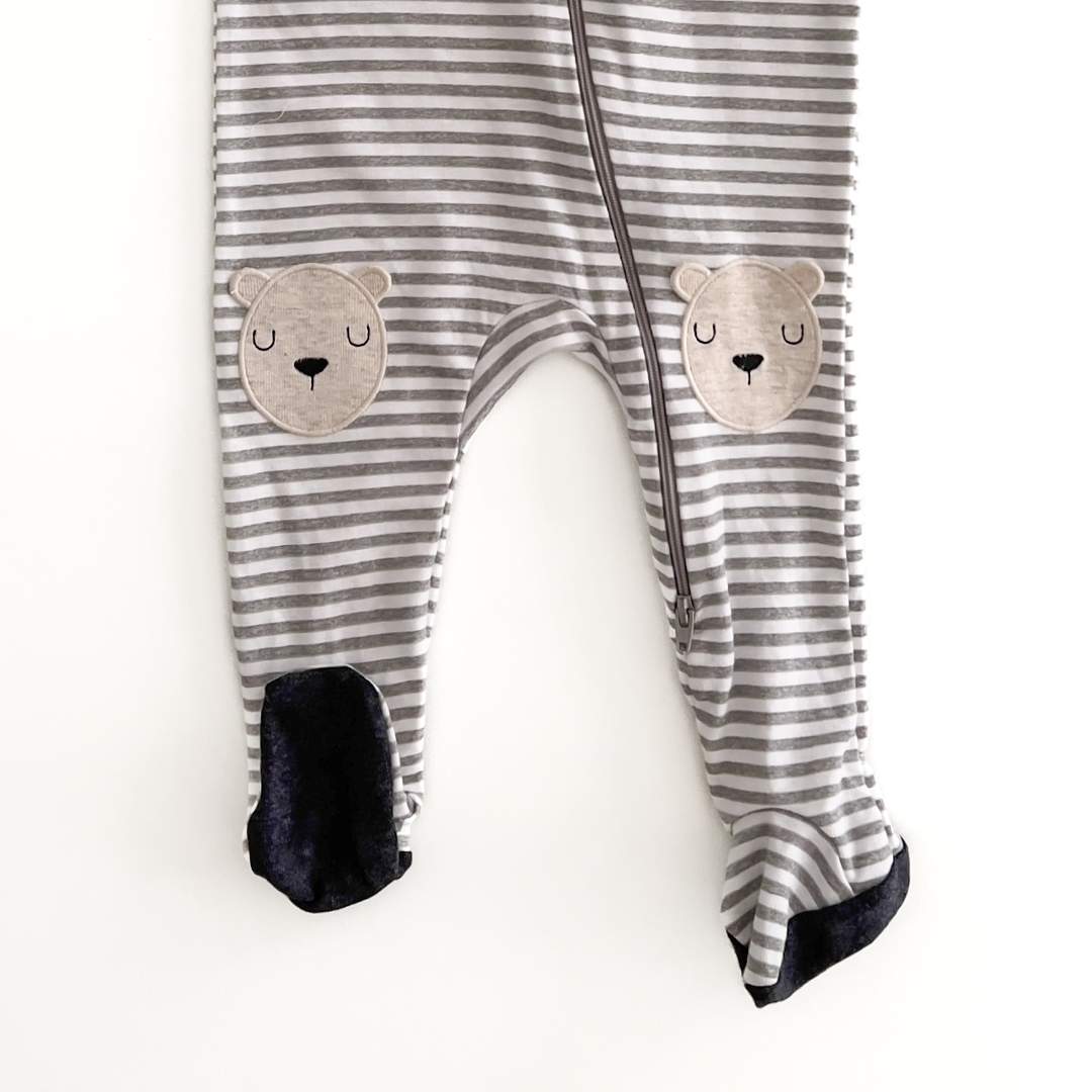 GREY AND WHITE STRIPED SLEEPSUIT