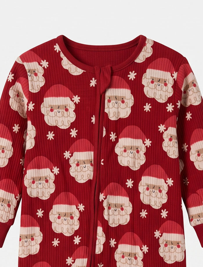 Red santa claus ribbed 2 way zipper sleepsuit