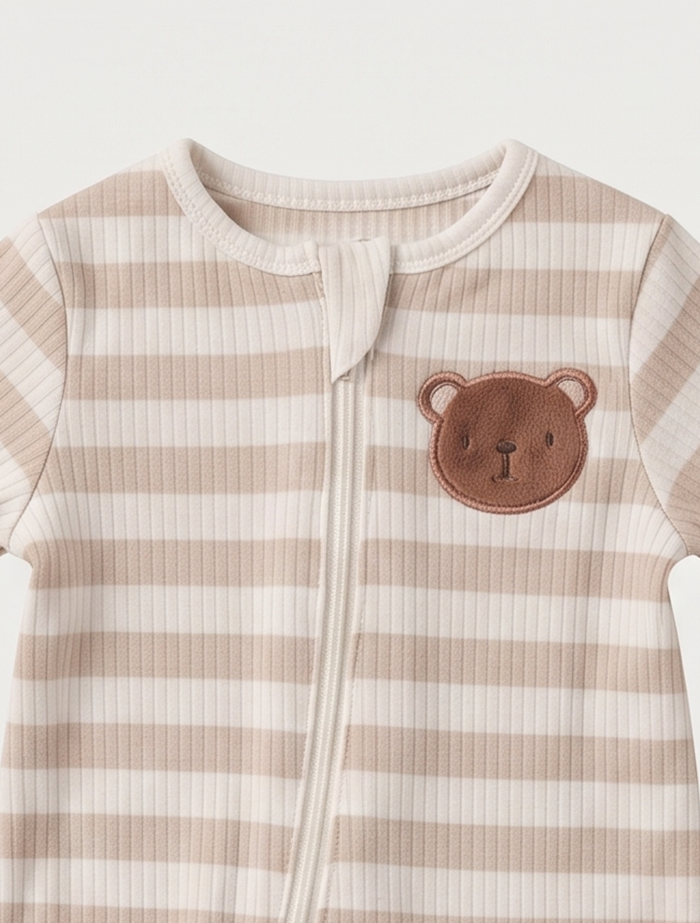 Beige stripes ribbed bear sleep suit