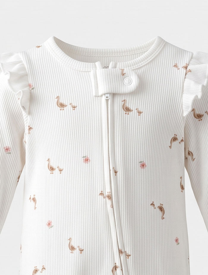 Duck floral ribbed ruffles 2 way zipper sleep suit