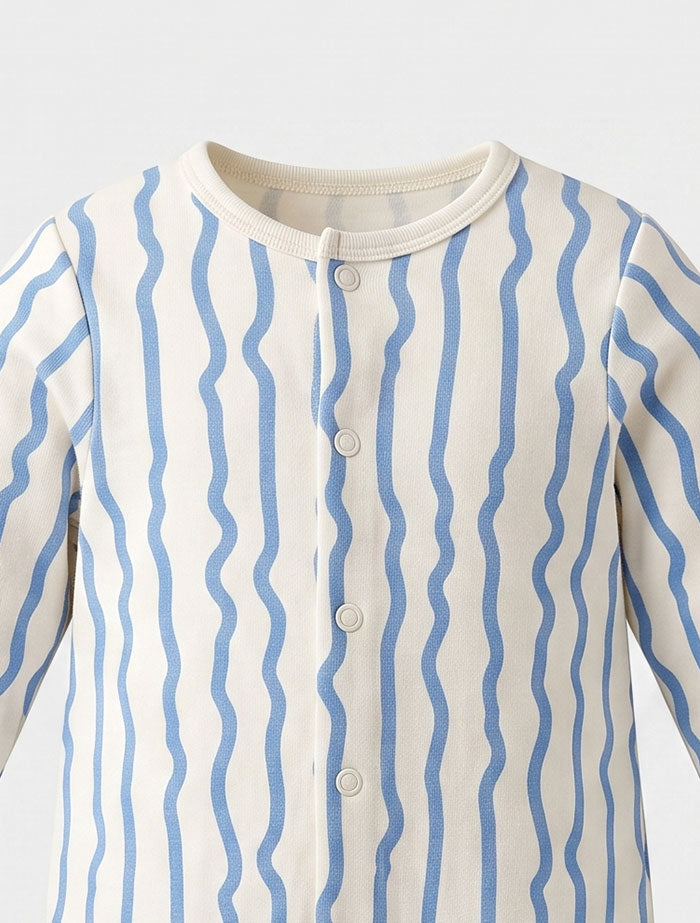 Blue and white patterned button sleepsuit
