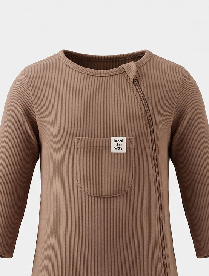 Brown ribbed 2 way zipper sleep suit