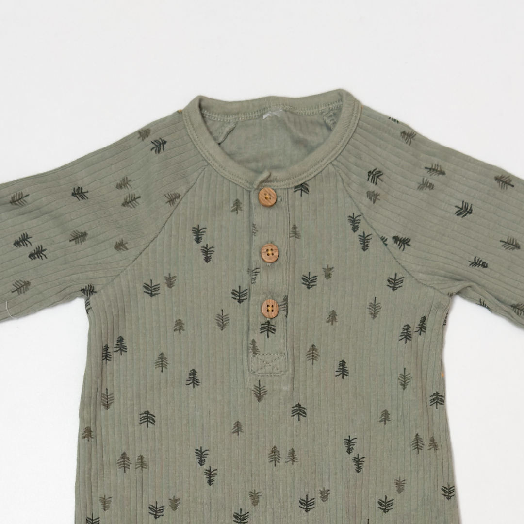 OLIVE GREEN RIBBED PRINTED ROMPER