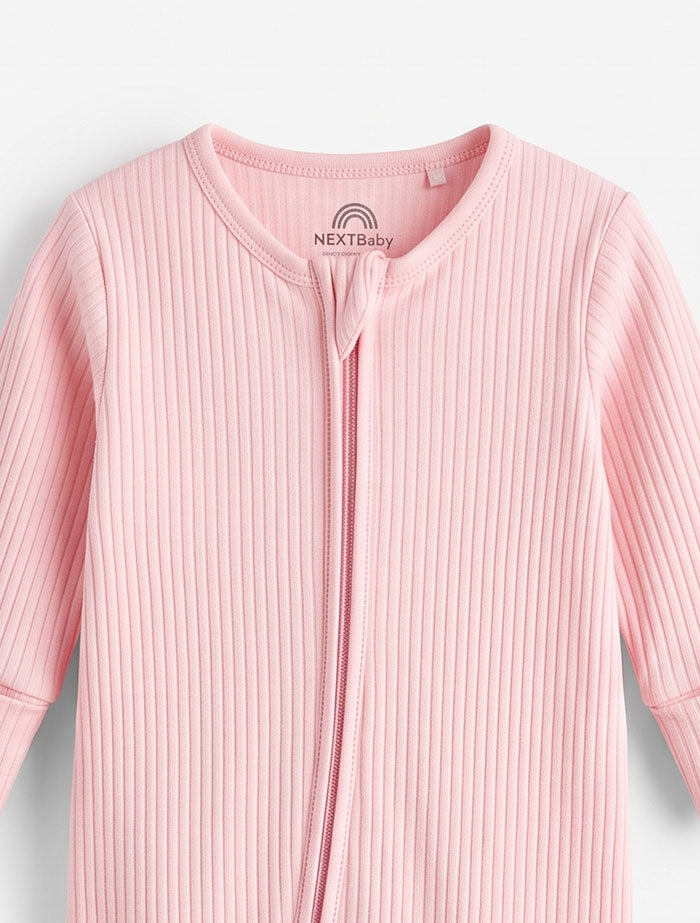 Pink ribbed 2 way zipper sleepsuit