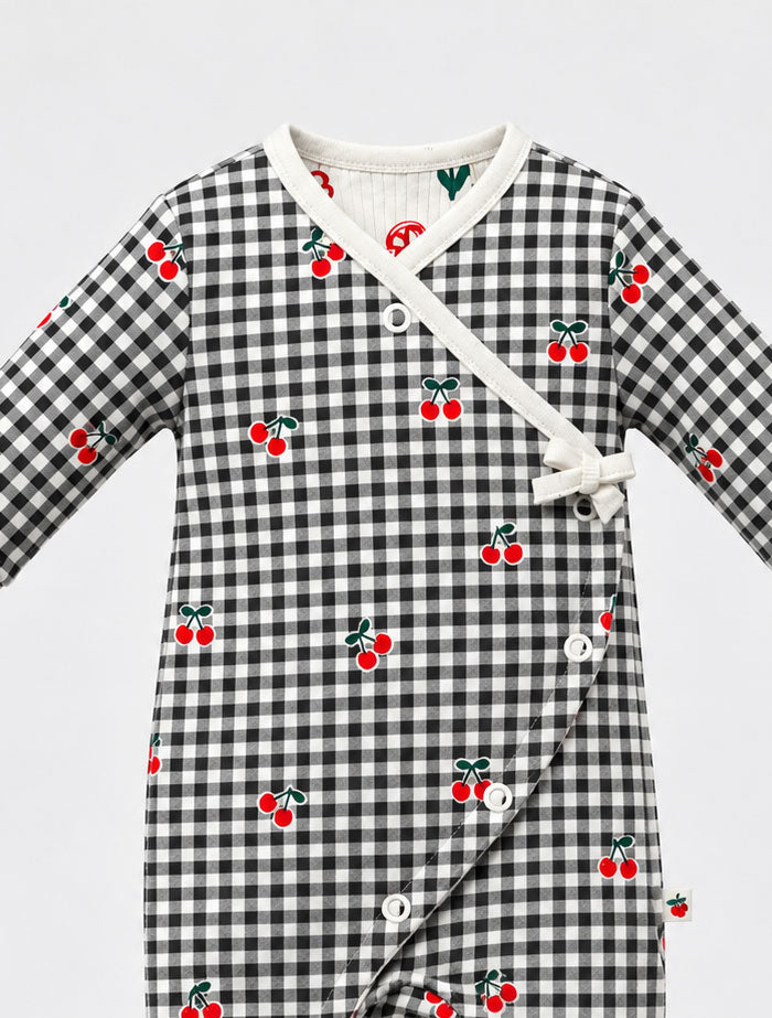 Black check berry button sleep suit