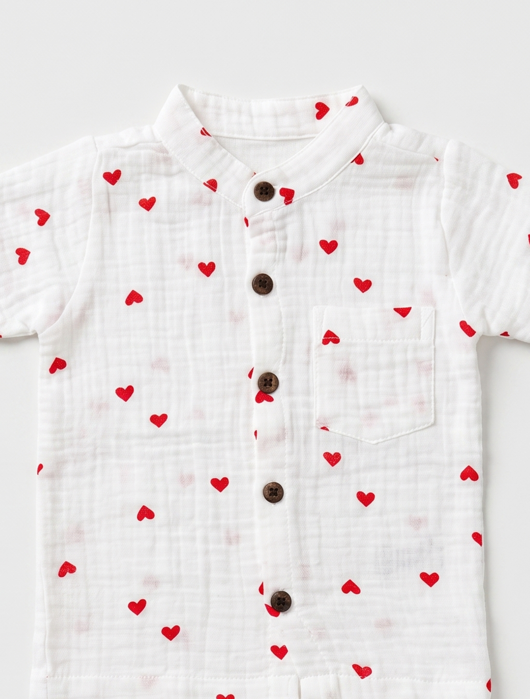 Heart-Print Muslin Shirt & Shorts Co-ord Set – White & Red