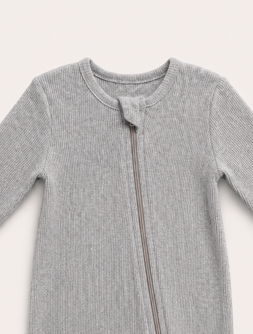 Grey ribbed plain zipper sleepsuit