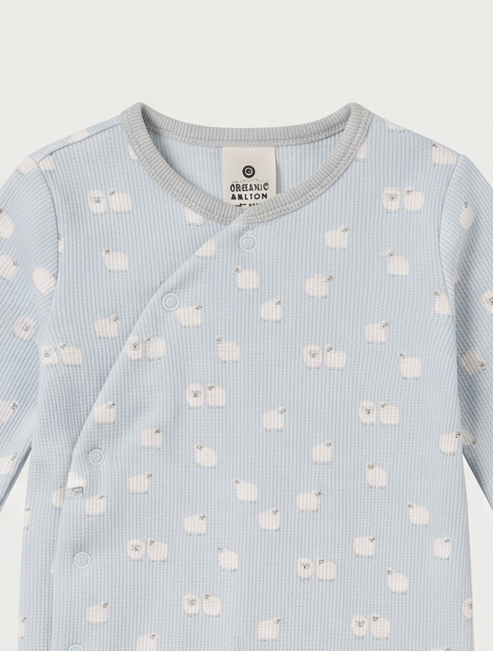 Blue knitted sheep printed sleep suit