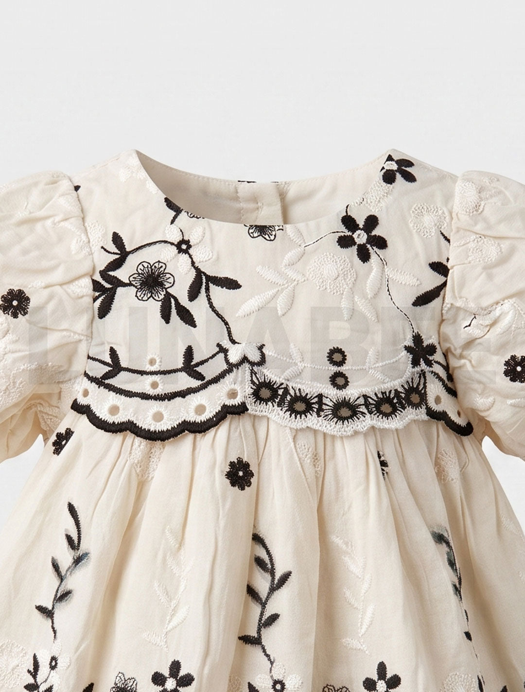 Black floral embroidered puff sleeve dress