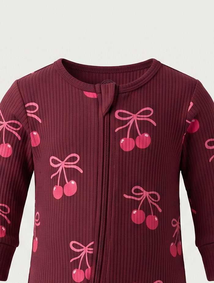 Wine red and pink cherry print unisex ribbed sleepsuit