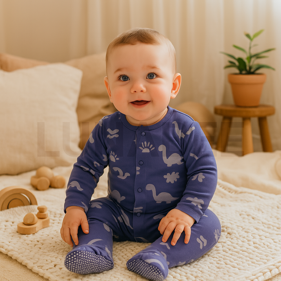 DINO BLUE RIBBED SLEEPSUIT