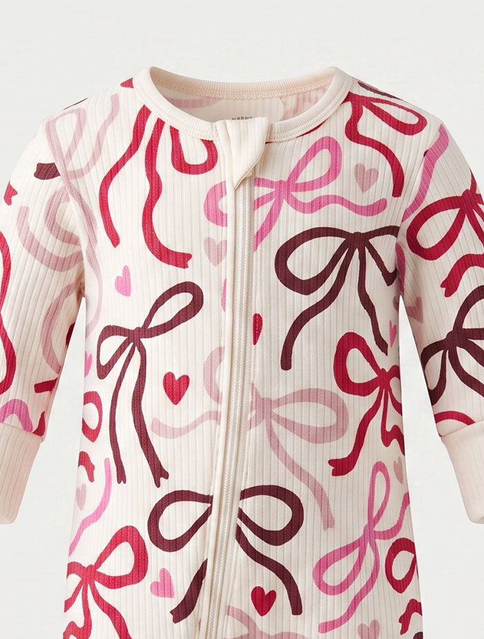 Red and pink ribbed bow printed sleep suit