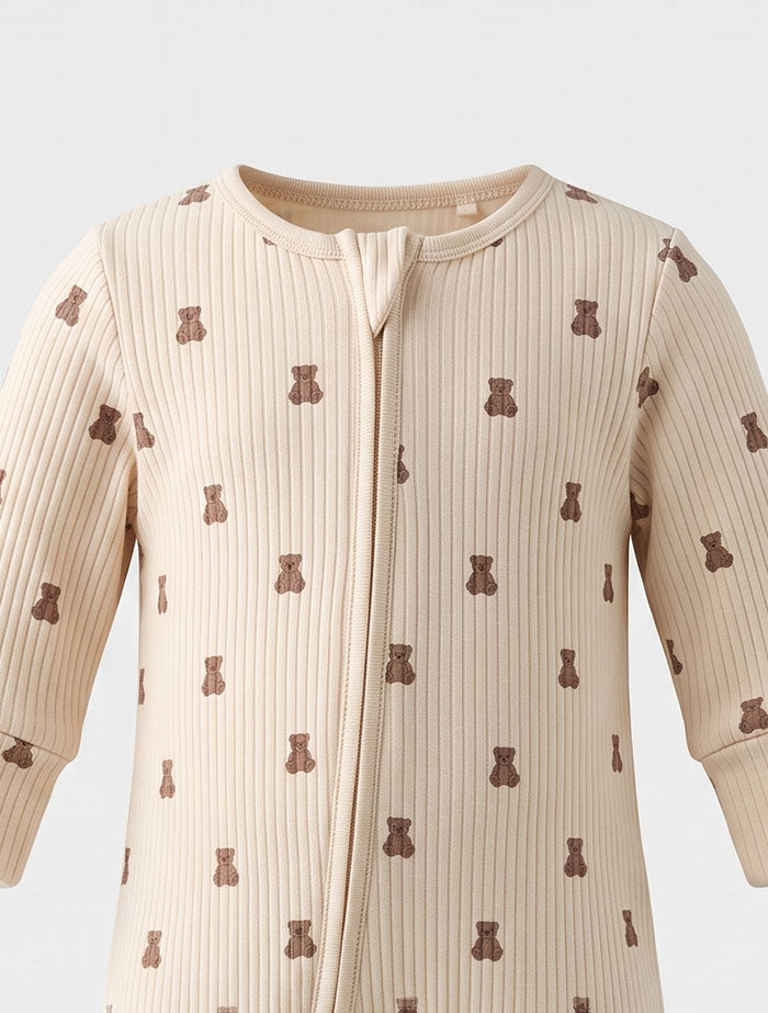 Beige ribbed brown bear ribbed sleepsuit