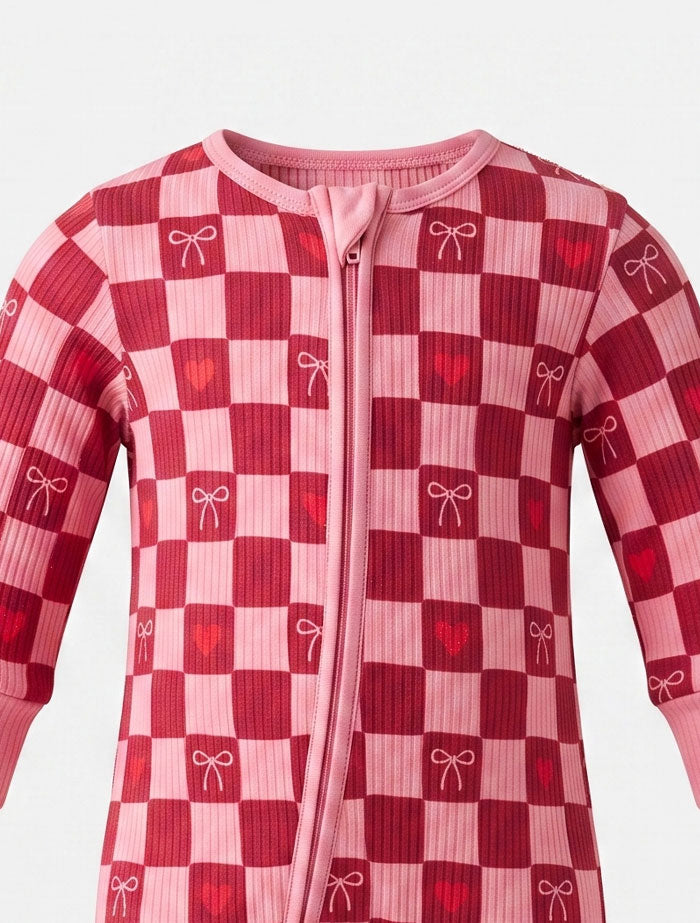Red and pink bow ribbed zipper sleep suit