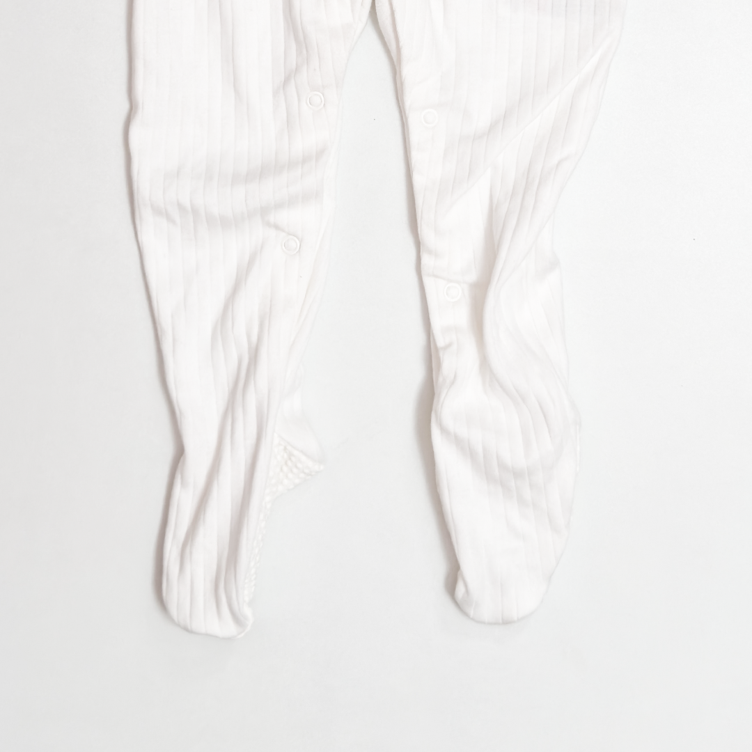 WHITE RIBBED BUTTON SLEEPSUIT