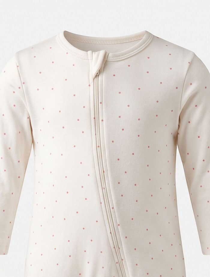Off white pink polka dotted zipper sleep suit